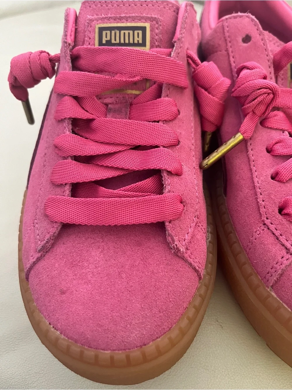 Puma Barbie Pink Suede Sneakers with Gum Platforms Soles